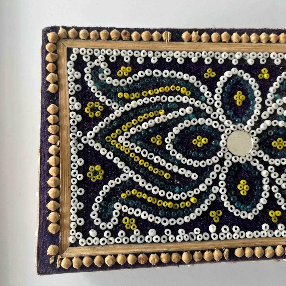 Vintage Blue Trinket Box Art Bead Work Handcrafted